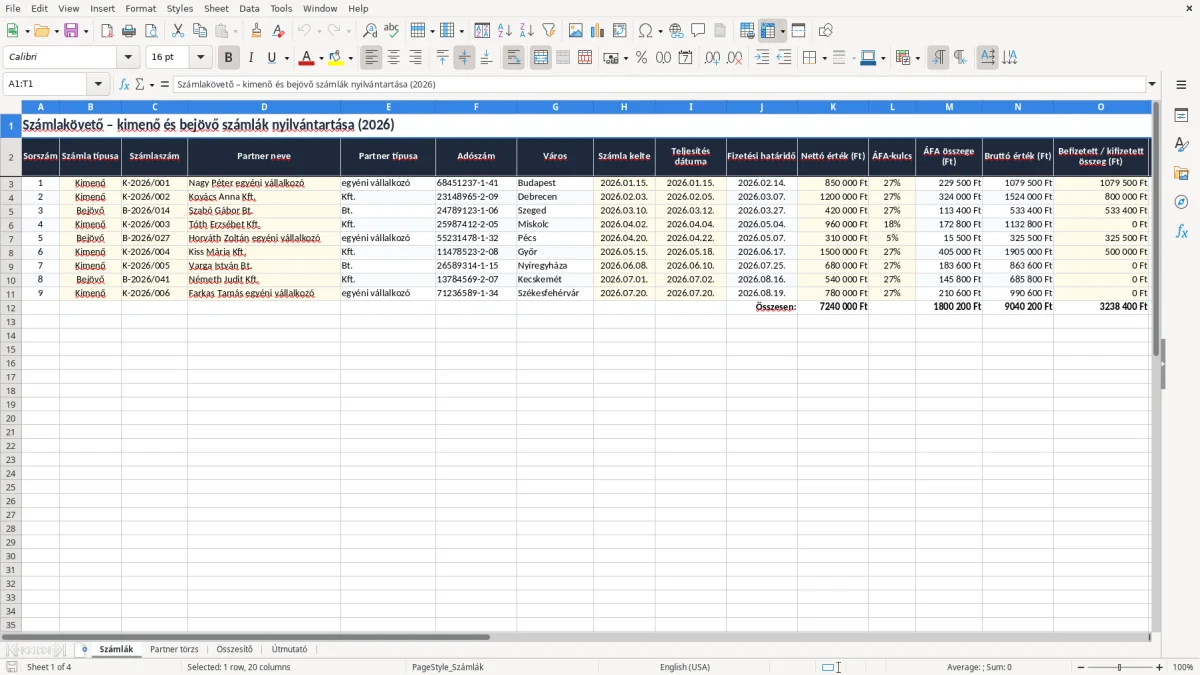 Képernyőkép 1: Számlák lap - Excel sablon számlakövető excel sablon