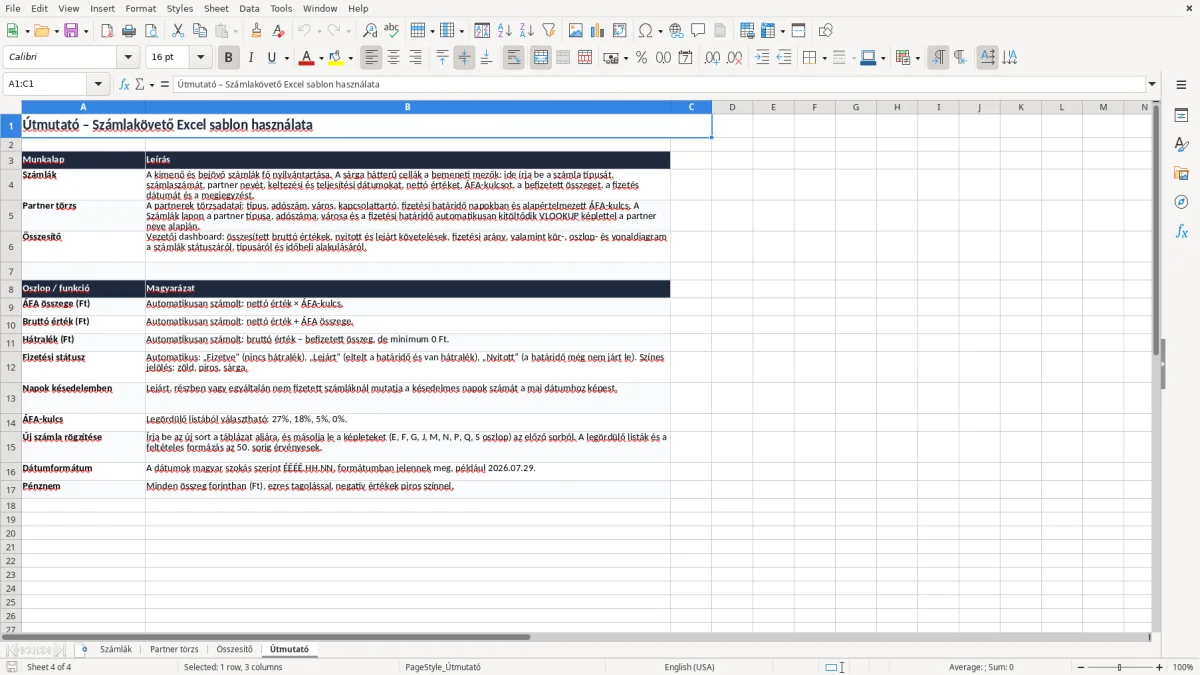 Képernyőkép 4: Útmutató lap - Excel sablon számlakövető excel sablon