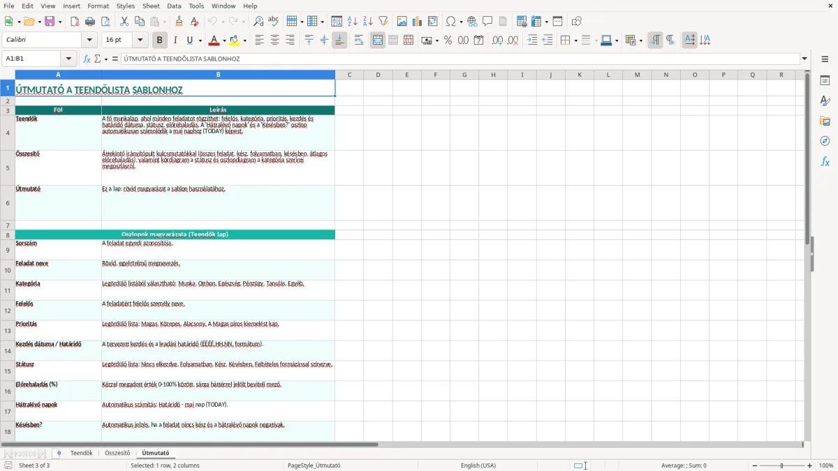 Képernyőkép 3: Útmutató lap - Excel sablon teendőlista excel sablon