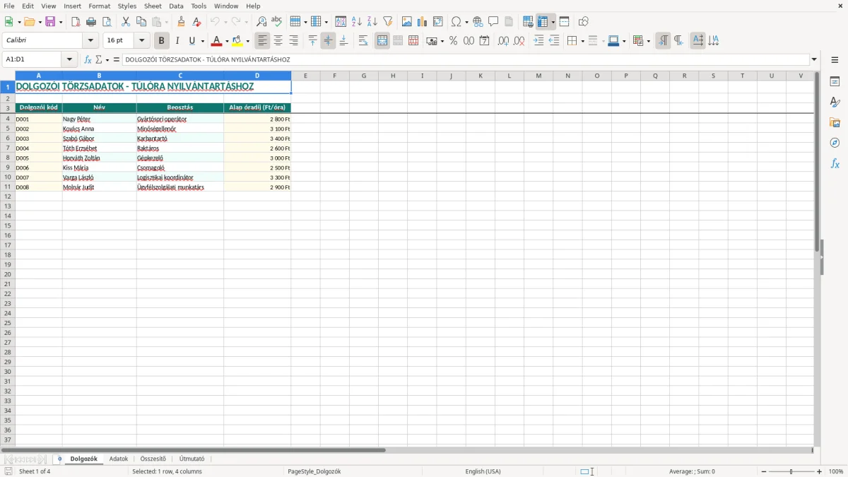 Képernyőkép 1: Dolgozók lap - Excel sablon túlóra nyilvántartás excel sablon