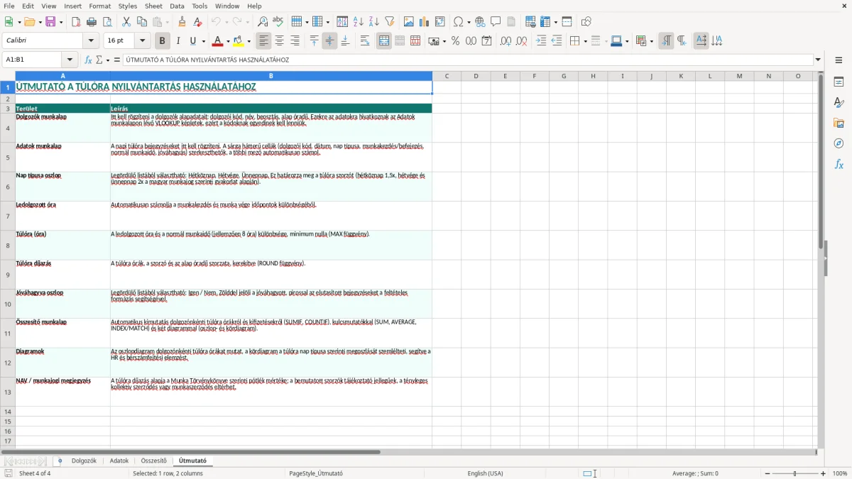 Képernyőkép 4: Útmutató lap - Excel sablon túlóra nyilvántartás excel sablon