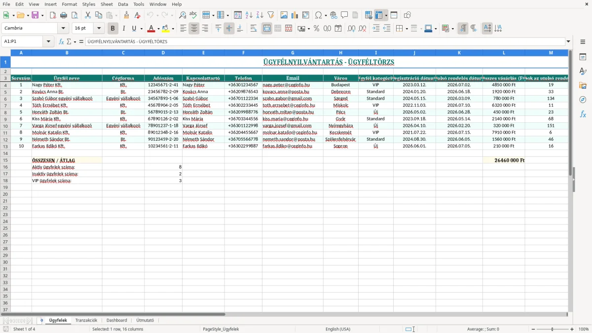 Képernyőkép 1: Ügyfelek lap - Excel sablon ügyfélnyilvántartás excel sablon