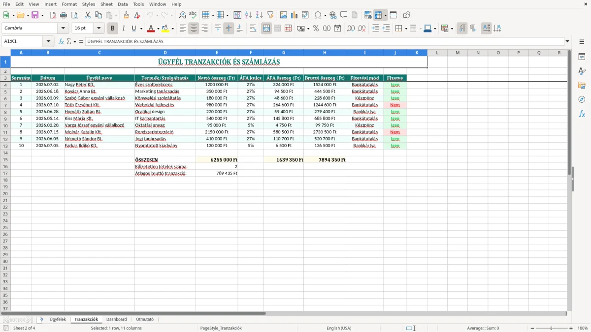 Képernyőkép 2: Tranzakciók lap - Excel sablon ügyfélnyilvántartás excel sablon
