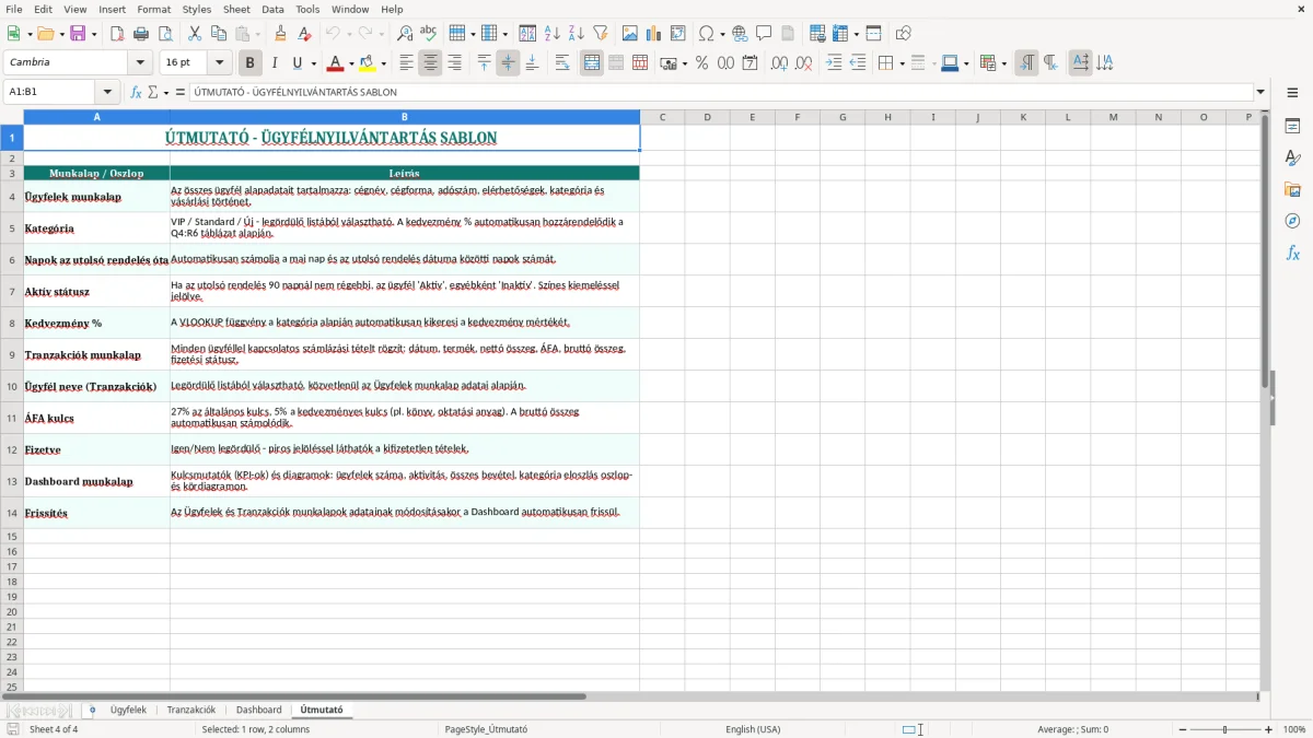 Képernyőkép 4: Útmutató lap - Excel sablon ügyfélnyilvántartás excel sablon