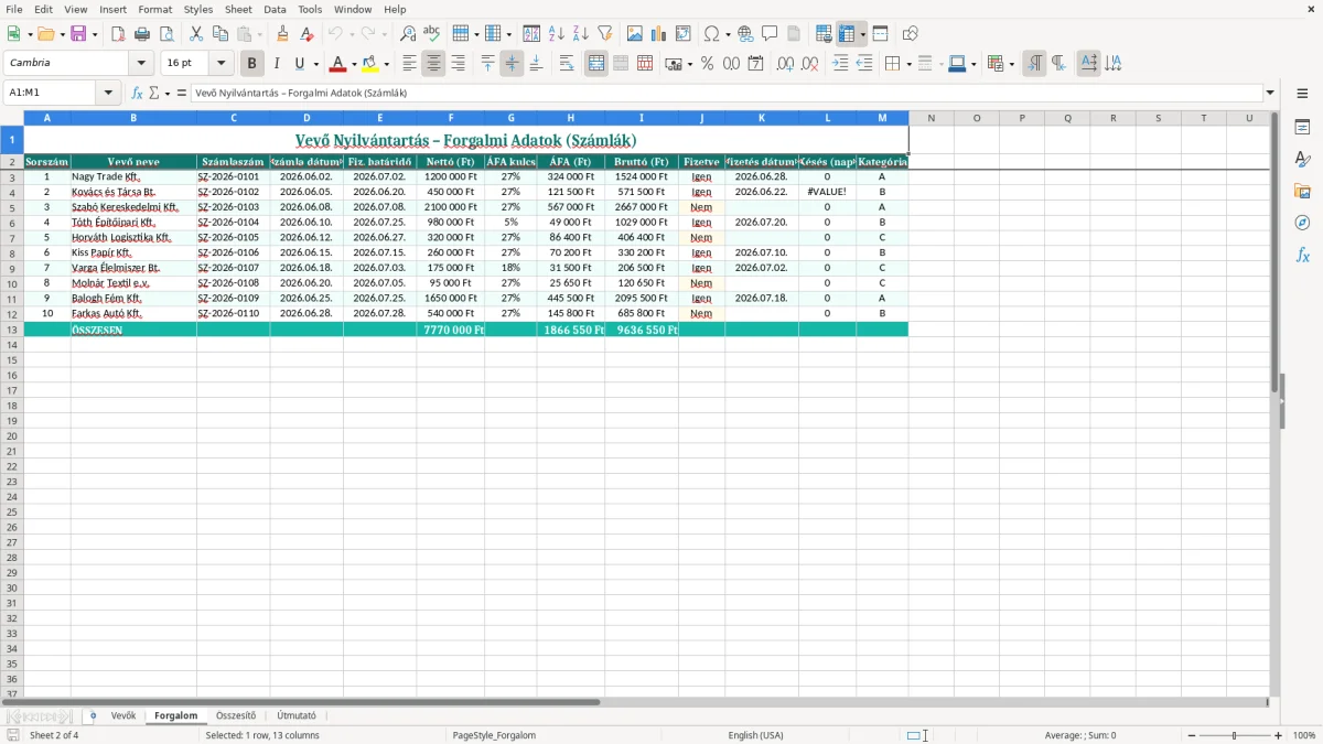 Képernyőkép 2: Forgalom lap - Excel sablon vevő nyilvántartás excel sablon