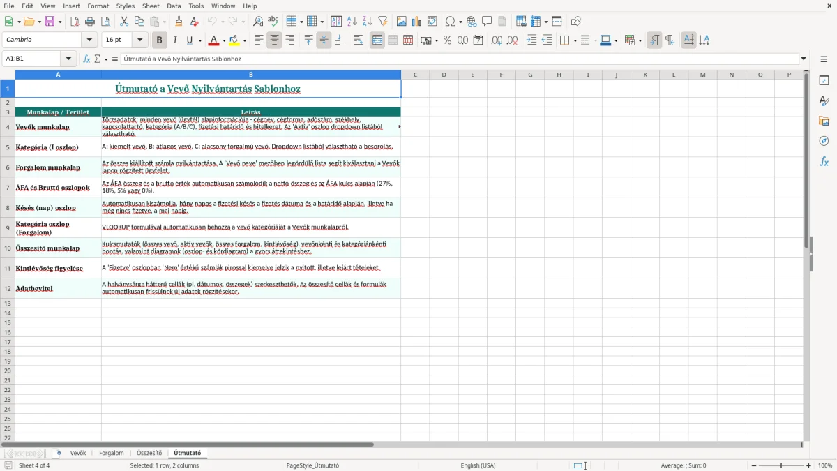 Képernyőkép 4: Útmutató lap - Excel sablon vevő nyilvántartás excel sablon