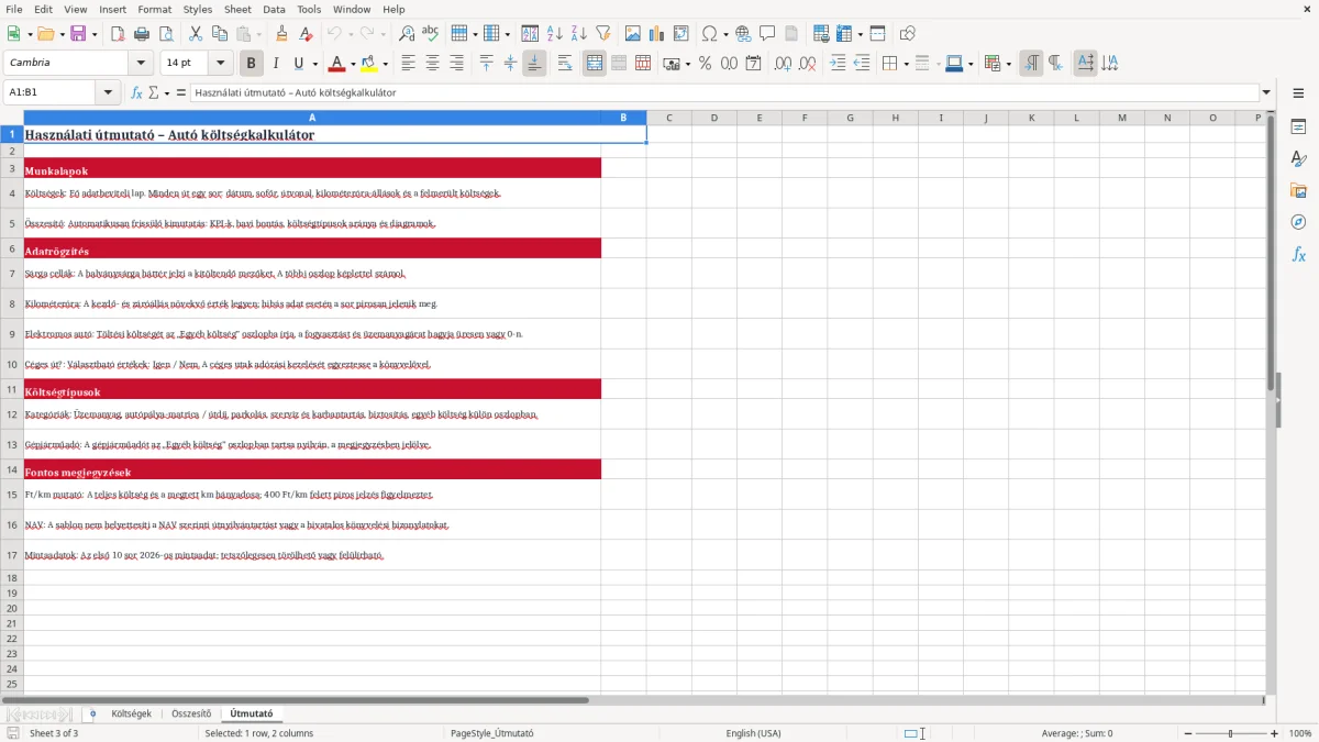 Képernyőkép 3: Útmutató lap - Excel sablon autó költség kalkulátor excel sablon