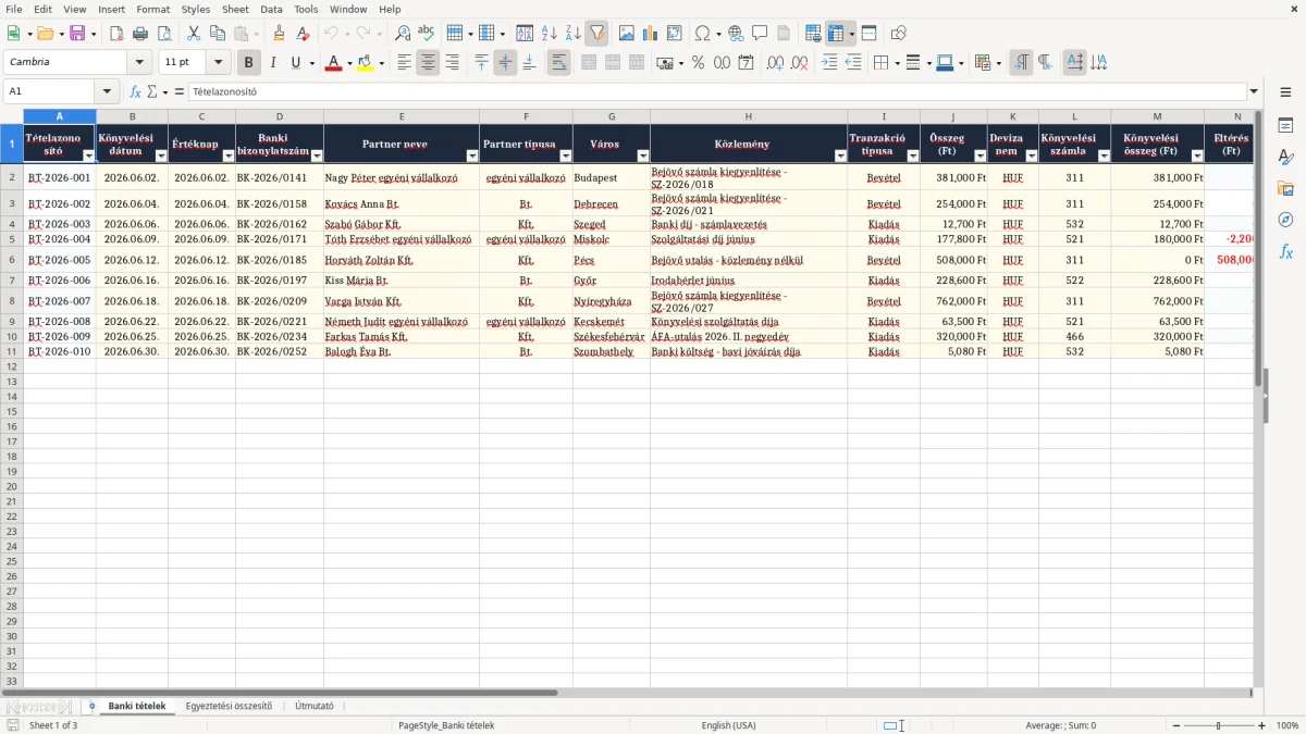 Képernyőkép 1: Banki tételek lap - Excel sablon banki egyeztetés excel sablon