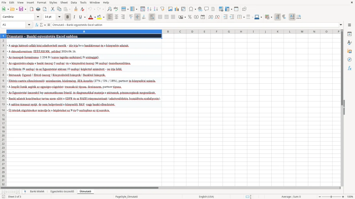 Képernyőkép 3: Útmutató lap - Excel sablon banki egyeztetés excel sablon