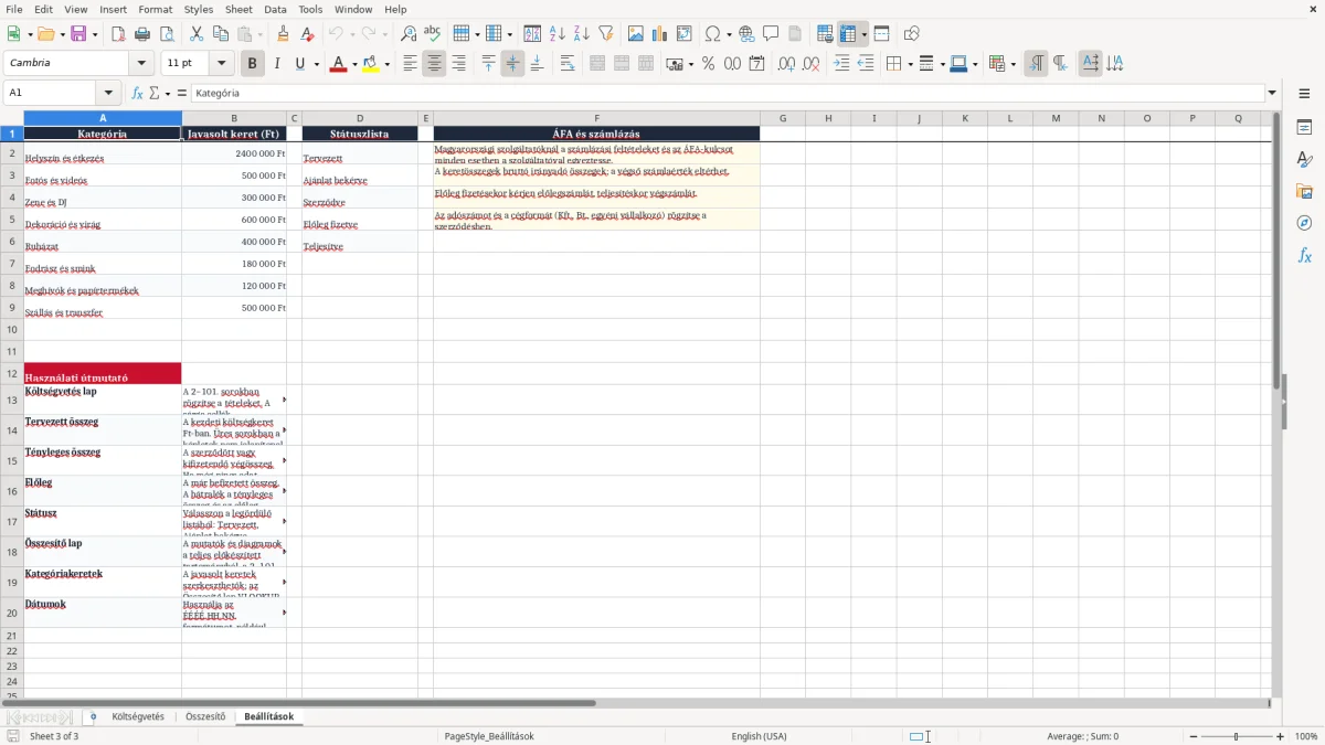 Képernyőkép 3: Beállítások lap - Excel sablon esküvő költségvetés excel sablon