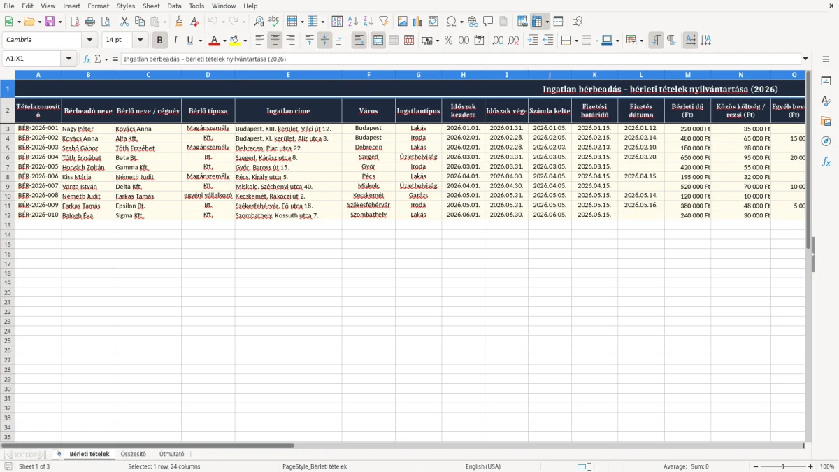 Képernyőkép 1: Bérleti tételek lap - Excel sablon ingatlan bérbeadás bevétel excel sablon