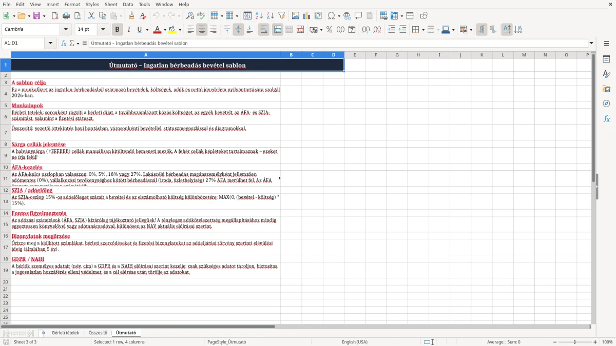 Képernyőkép 3: Útmutató lap - Excel sablon ingatlan bérbeadás bevétel excel sablon