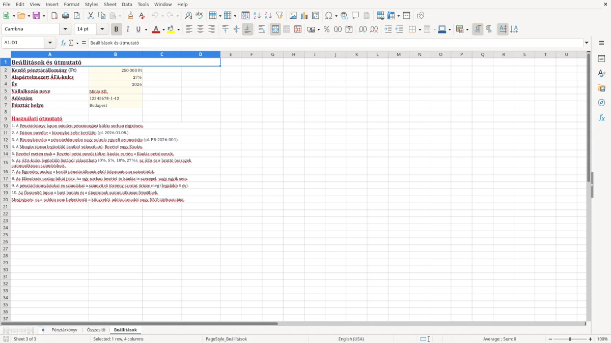 Képernyőkép 3: Beállítások lap - Excel sablon pénztárkönyv excel sablon