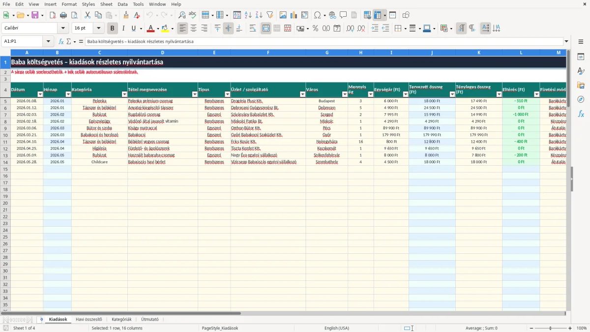 Képernyőkép 1: Kiadások lap - Excel sablon baba költségvetés excel sablon