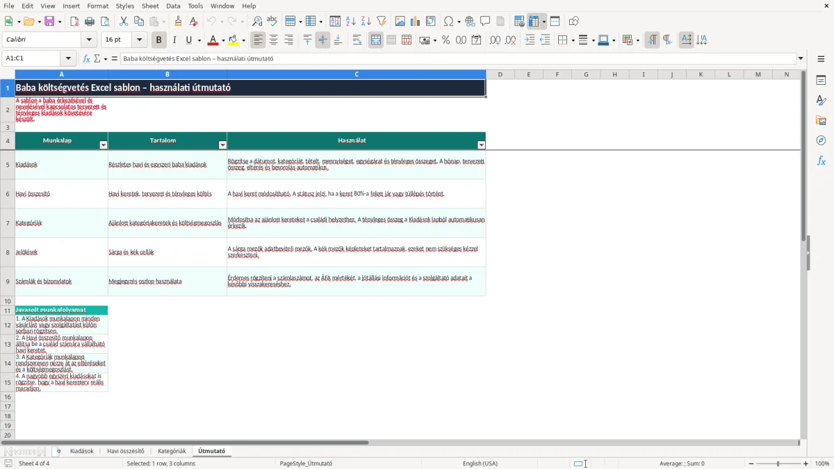 Képernyőkép 4: Útmutató lap - Excel sablon baba költségvetés excel sablon
