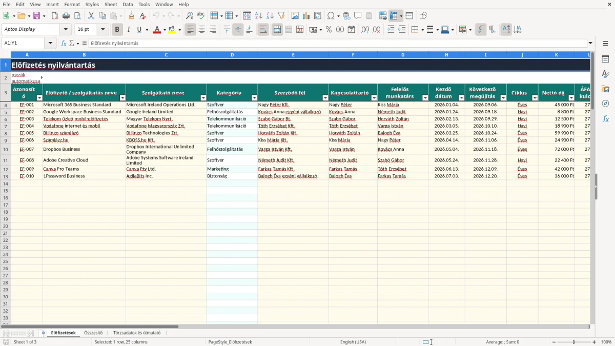 Képernyőkép 1: Előfizetések lap - Excel sablon előfizetés nyilvántartás excel sablon