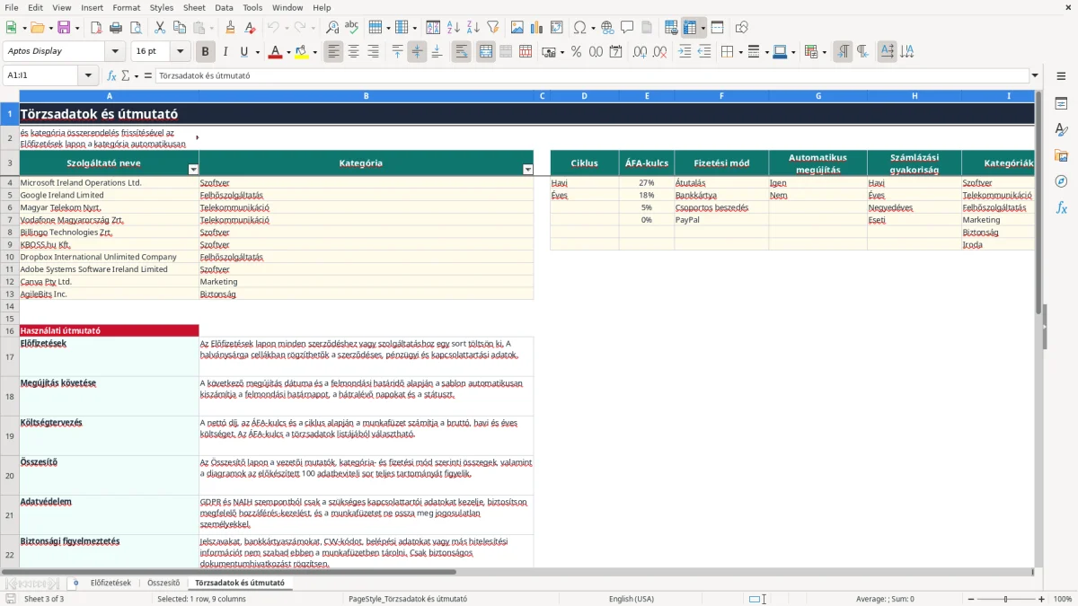 Képernyőkép 3: Törzsadatok és útmutató lap - Excel sablon előfizetés nyilvántartás excel sablon