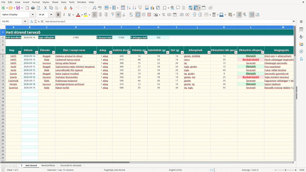 Képernyőkép 1: Heti étrend lap - Excel sablon heti étrend tervező excel sablon