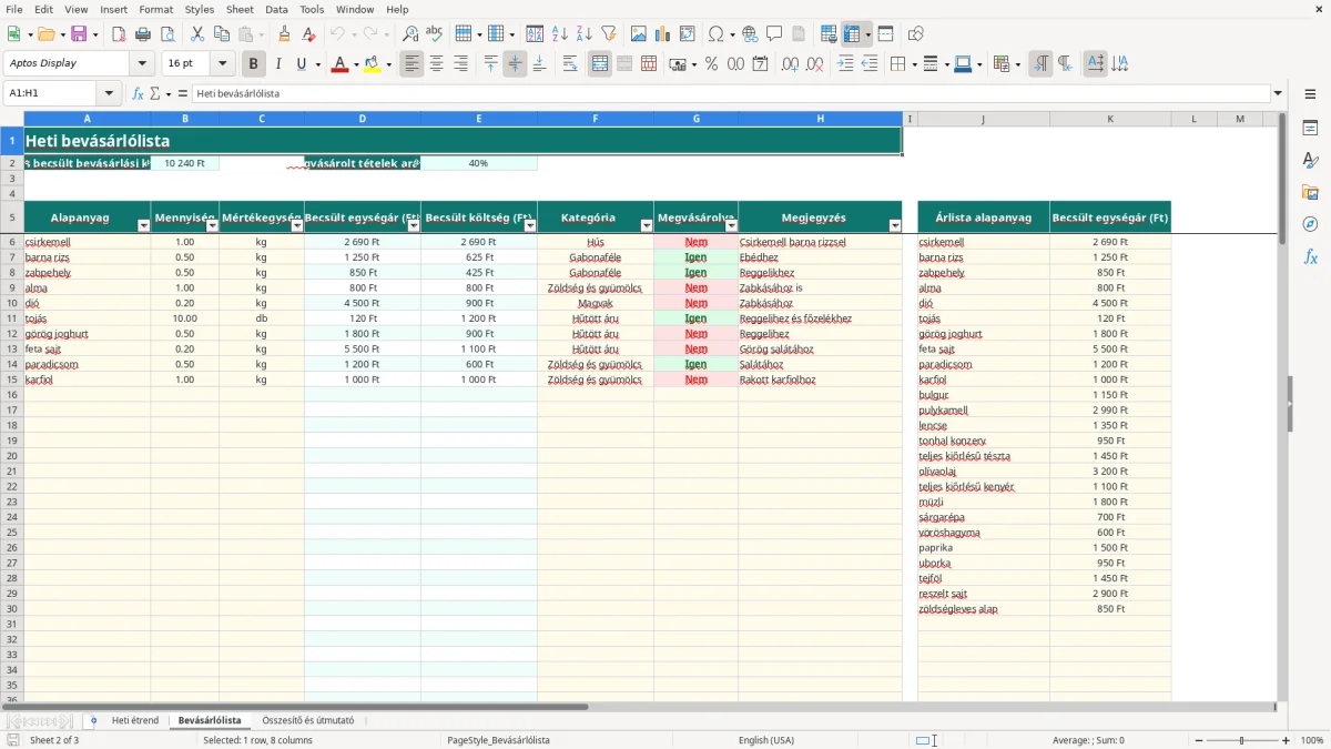 Képernyőkép 2: Bevásárlólista lap - Excel sablon heti étrend tervező excel sablon