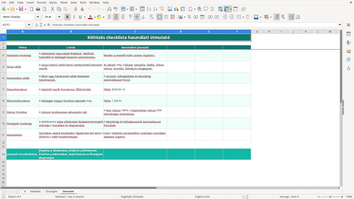 Képernyőkép 3: Útmutató lap - Excel sablon költözés checklista excel sablon