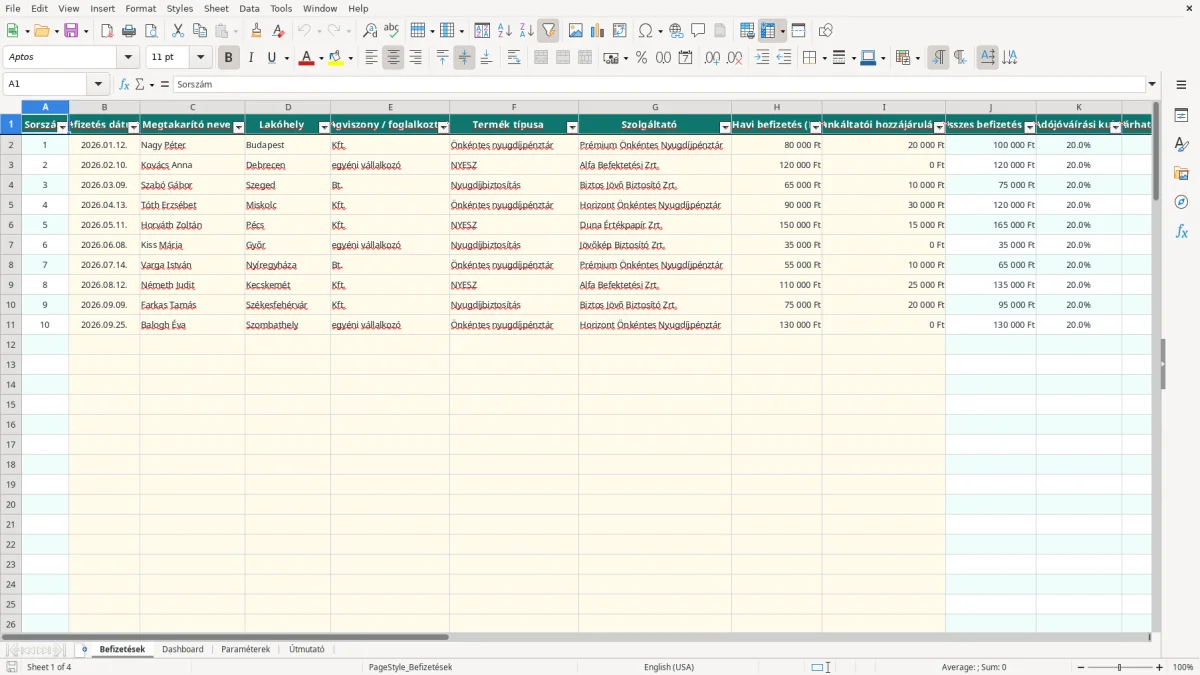 Képernyőkép 1: Befizetések lap - Excel sablon nyugdíj megtakarítás követő excel sablon
