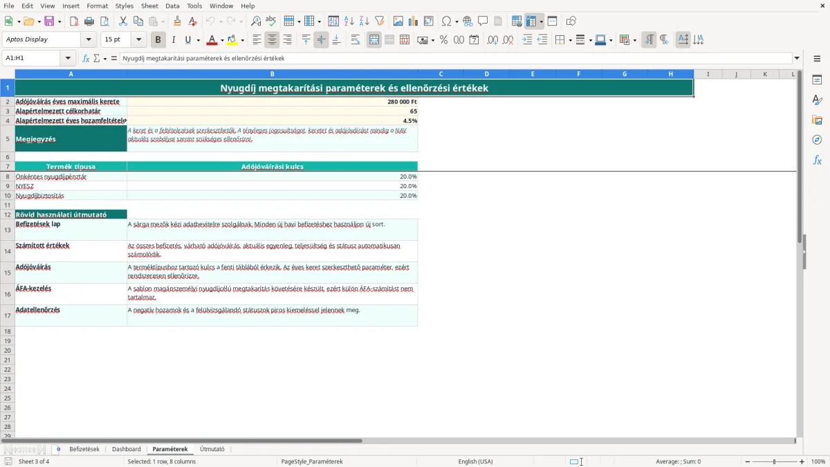 Képernyőkép 3: Paraméterek lap - Excel sablon nyugdíj megtakarítás követő excel sablon