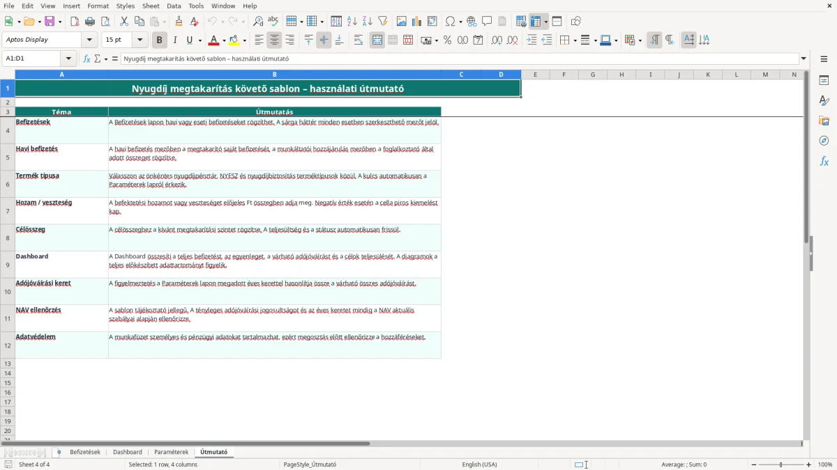 Képernyőkép 4: Útmutató lap - Excel sablon nyugdíj megtakarítás követő excel sablon