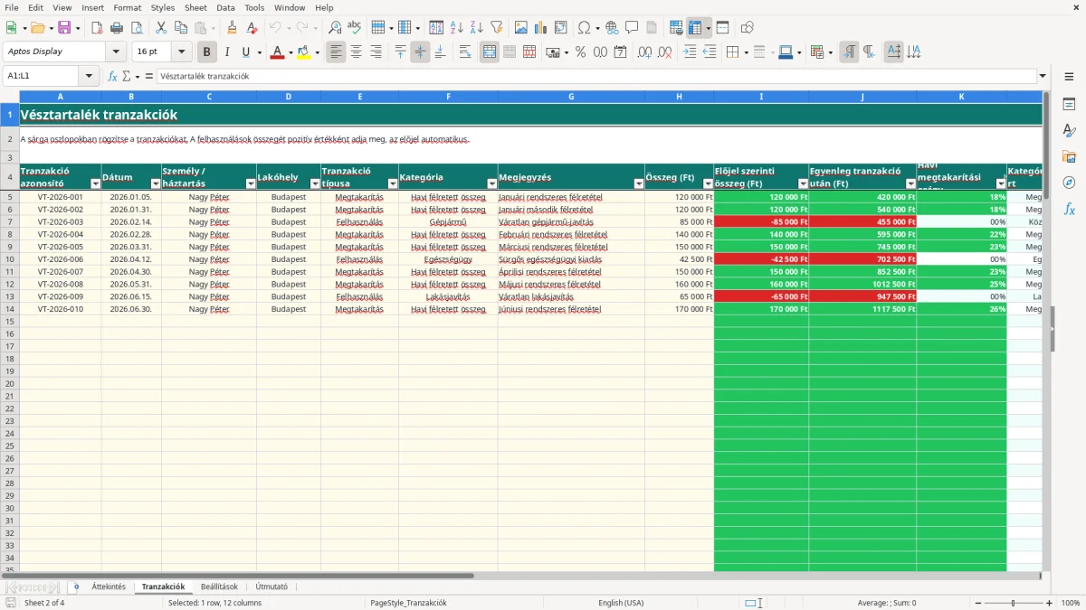Képernyőkép 2: Tranzakciók lap - Excel sablon vésztartalék követő excel sablon