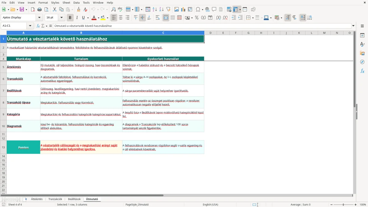Képernyőkép 4: Útmutató lap - Excel sablon vésztartalék követő excel sablon