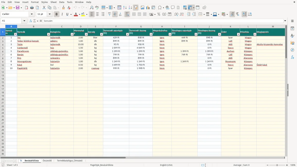 Képernyőkép 1: Bevásárlólista lap - Excel sablon bevásárló lista excel sablon