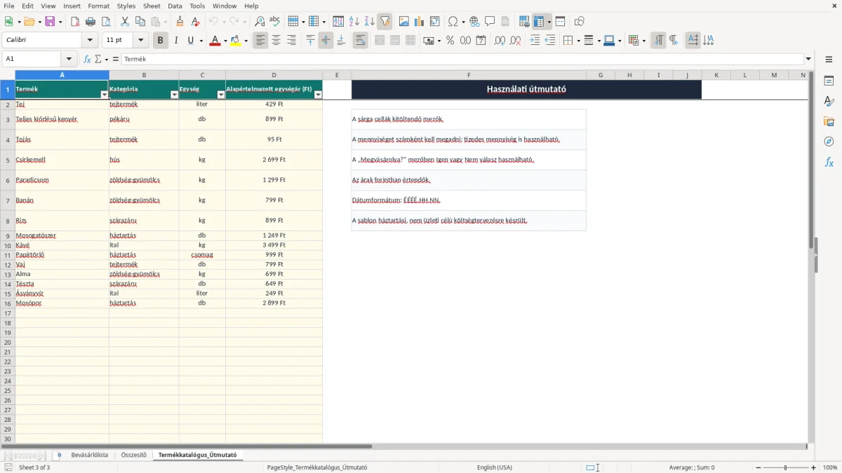 Képernyőkép 3: Termékkatalógus_Útmutató lap - Excel sablon bevásárló lista excel sablon