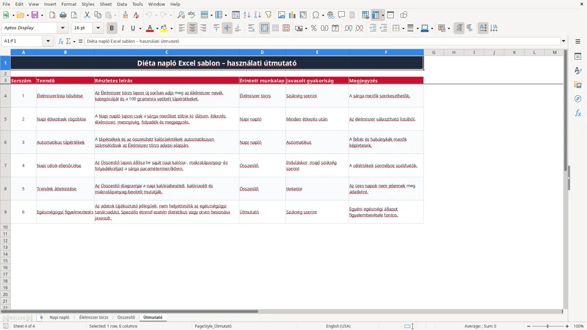 Képernyőkép 4: Útmutató lap - Excel sablon diéta napló excel sablon