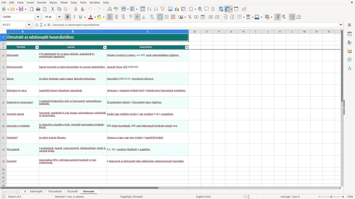 Képernyőkép 4: Útmutató lap - Excel sablon edzésnapló excel sablon