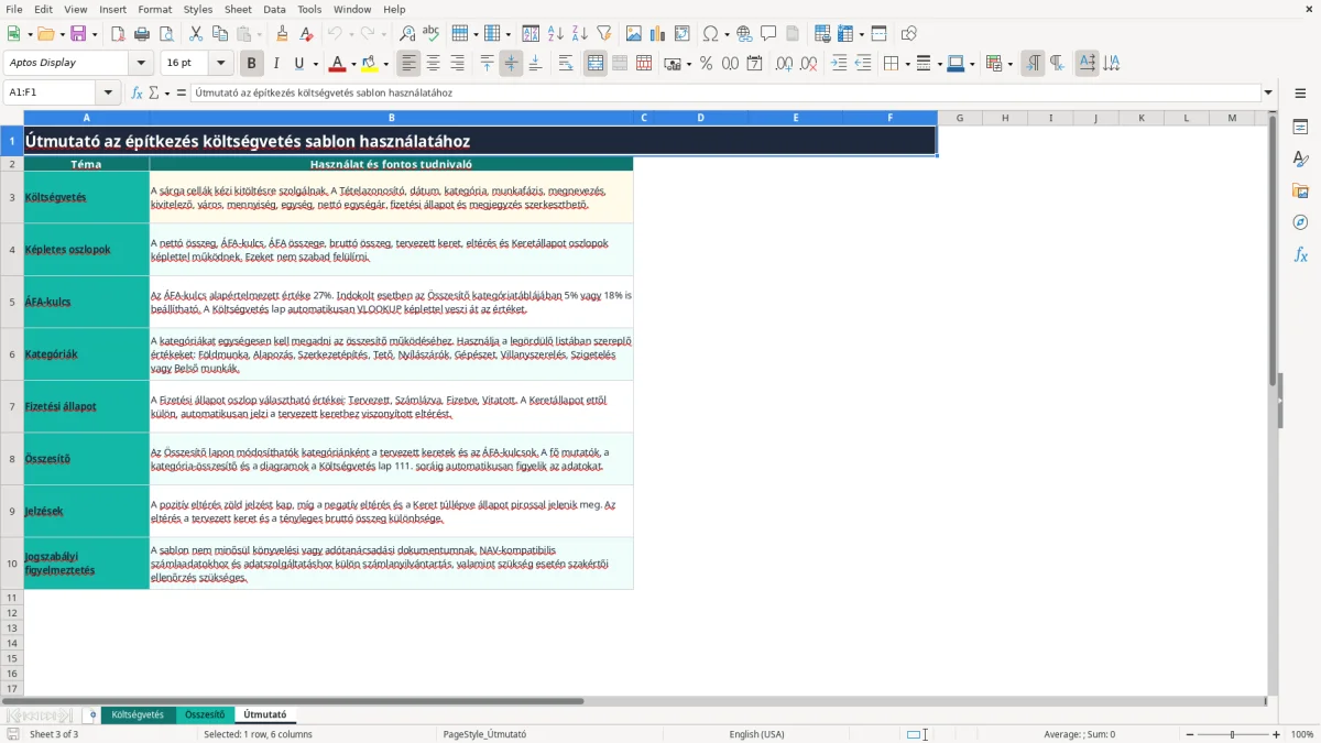 Képernyőkép 3: Útmutató lap - Excel sablon építkezés költségvetés excel sablon