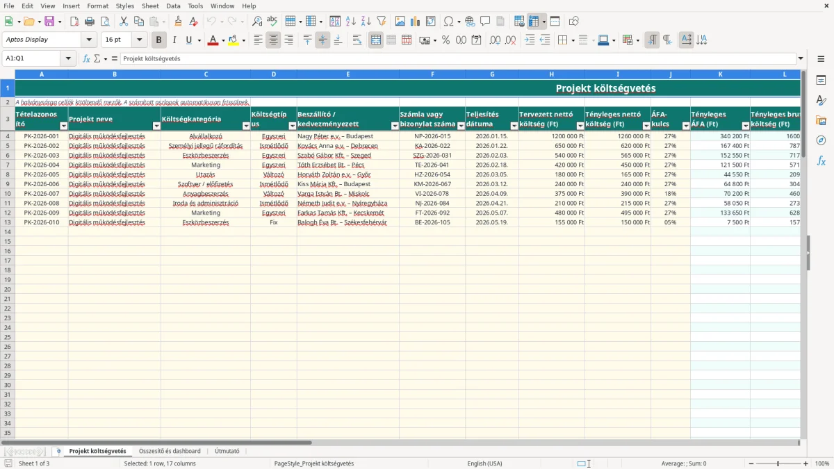 Képernyőkép 1: Projekt költségvetés lap - Excel sablon projekt költségvetés excel sablon