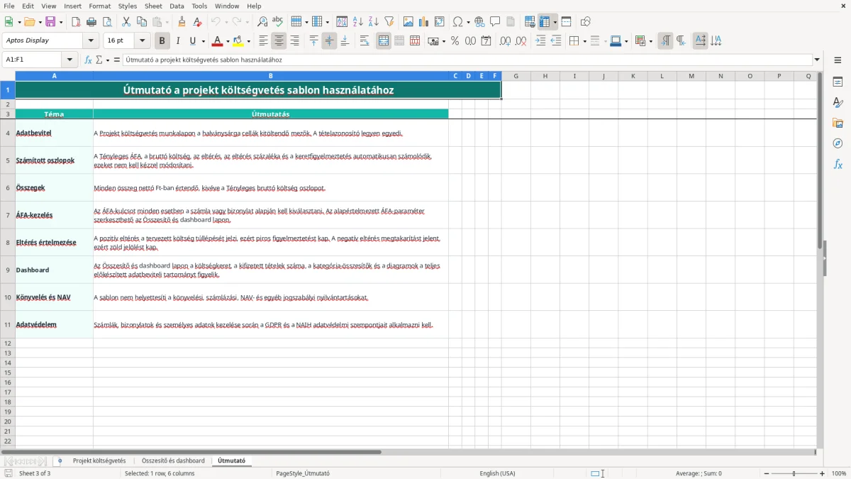 Képernyőkép 3: Útmutató lap - Excel sablon projekt költségvetés excel sablon
